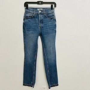 We The Free Med Wash Straight Leg Jeans Size 26 High Rise Button Fly Slit Hem